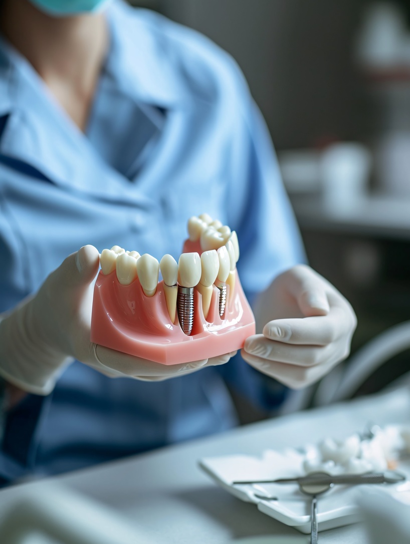 Elderly lady examining tooth model during consultation for dental implant procedure at dental office.