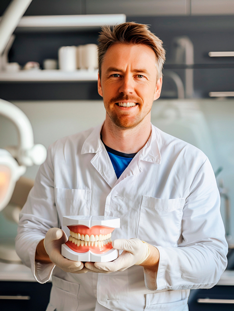 Dentist holding dental implant model