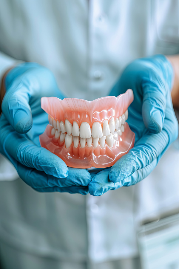 The dentist is holding dentures in his hands. Dental prosthesis in the hands of the doctor close-up. Front view of complete denture