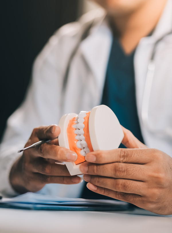 A dentist is using specialized dental equipment to inspect dentures to study the anatomy of the teeth before using the knowledge to treat patients, Dentures are being studied by oral specialists.